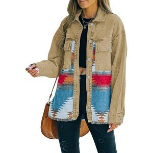 Women's Vintage Khaki Denim Jacket Distressed Lapel Long Sleeve Vintage Button